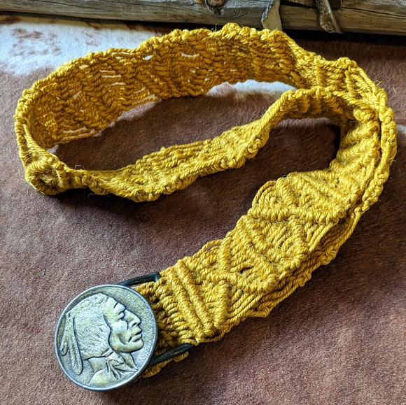 Vintage Boho Western Macrame With Indian Head Buckle Belt - Picture 2 of 10
